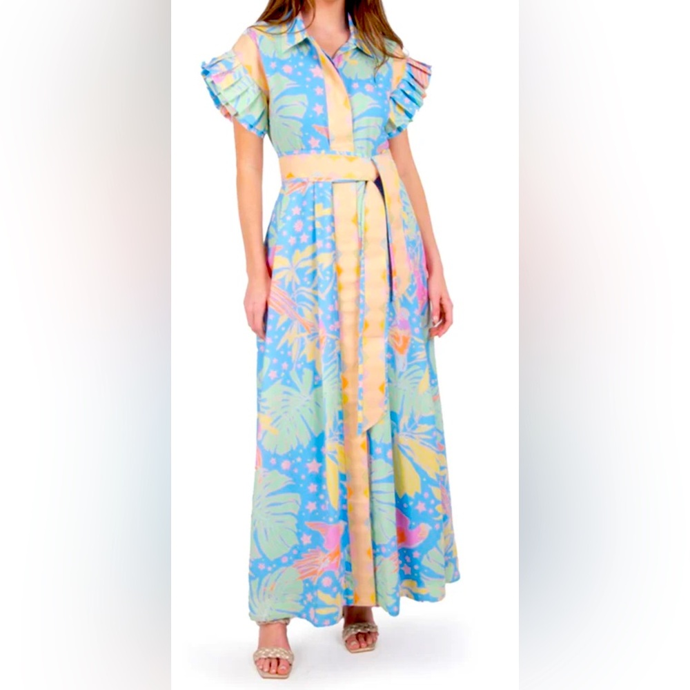 Yellow and Blue A-Line Maxi Dress with Tie Front